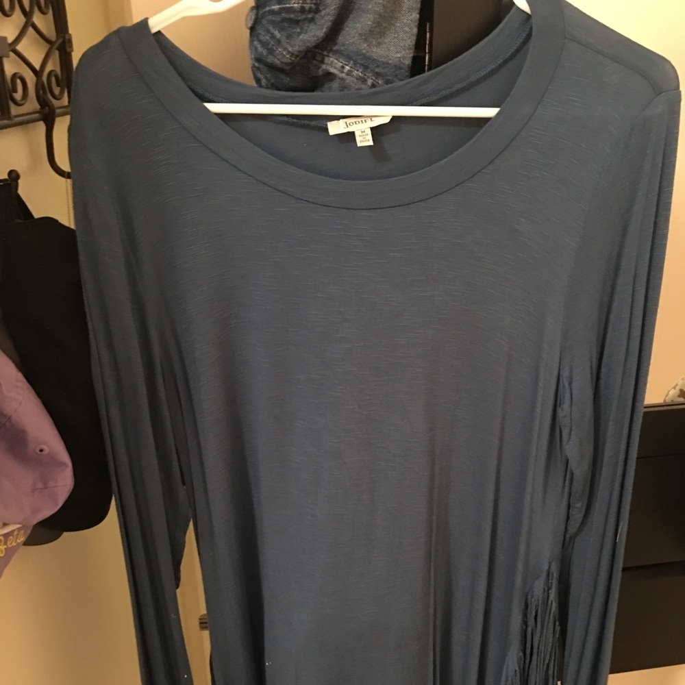 Jodifl Blue Long sleeve top with fringe at bottom